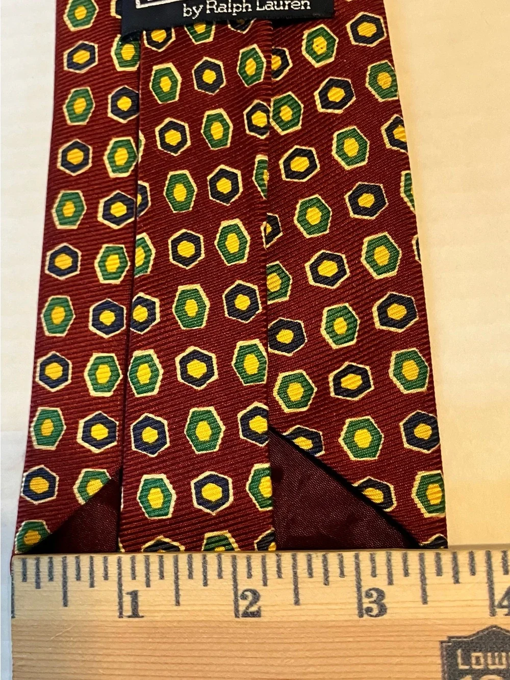 Ralph Lauren Burgundy Silk handmade Tie with Green and Yellow Hex Medallions